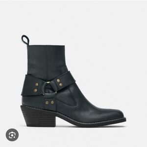 Zara Genuine Leather Black Ankle Boots Size 12 Booties Biker